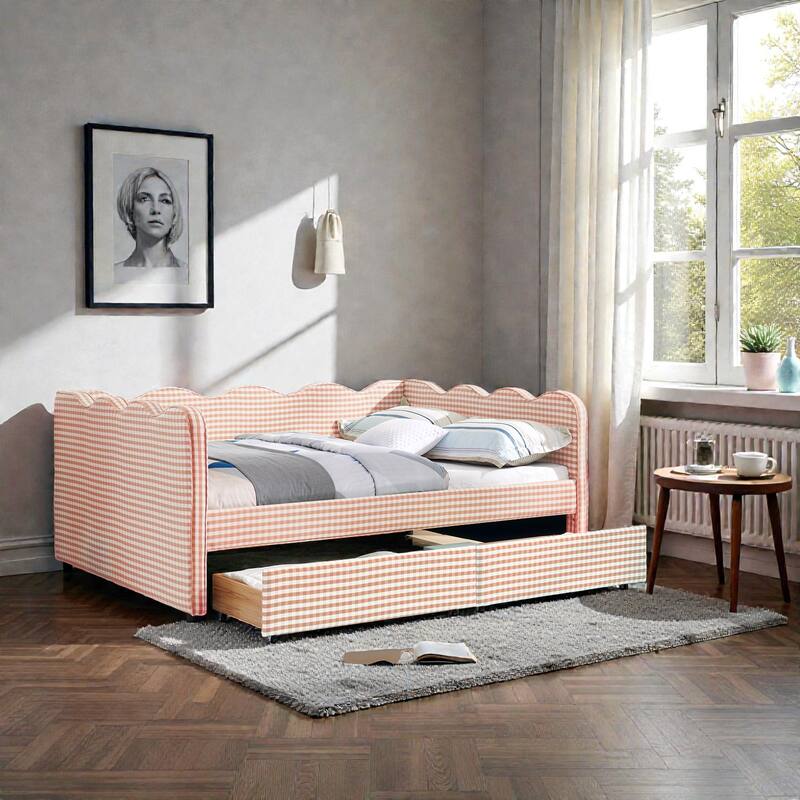 Full Size Gingham Upholstered Daybed with USB Port, Two Storage Drawers and Wave Shaped Design