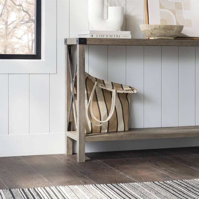 Wood Finish Entryway Console Table with Lower Shelf and Metal Accents for Shoes or Decor - 30'' H X 46'' L X 11.75'' W