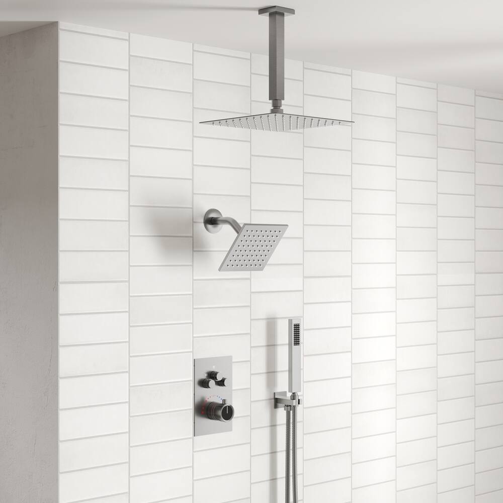 Thermostatic Shower Faucet, 12" High-Pressure Dual Showerheads System with Rough-In Valve