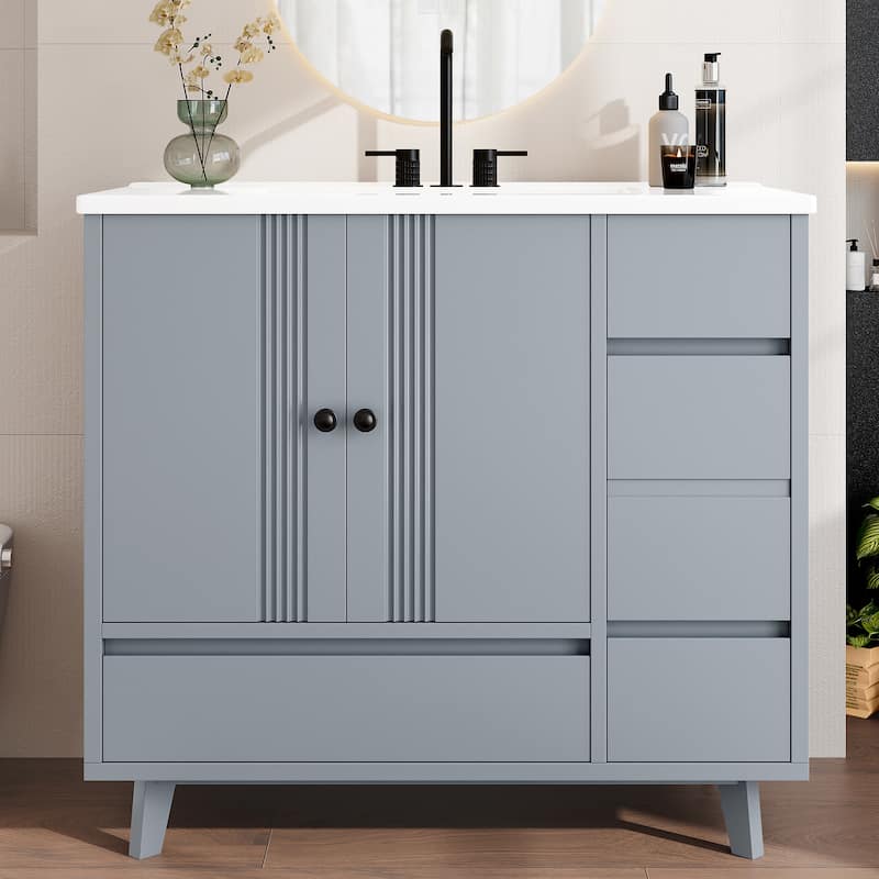 36" Bathroom Vanity with Sink, Free Standing Single Vanity Set with 4 Drawers and Side Storage Rack
