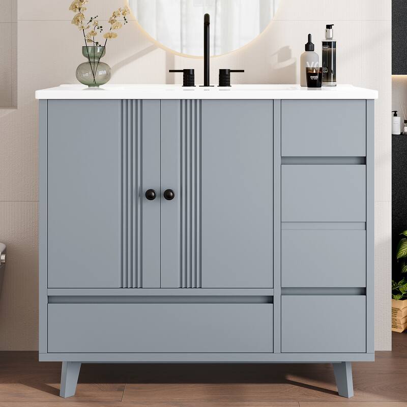 36" Freestanding Bathroom Vanity with Sink - Wood Cabinet with 4 Drawers & Side Storage Rack, Ceramic Basin