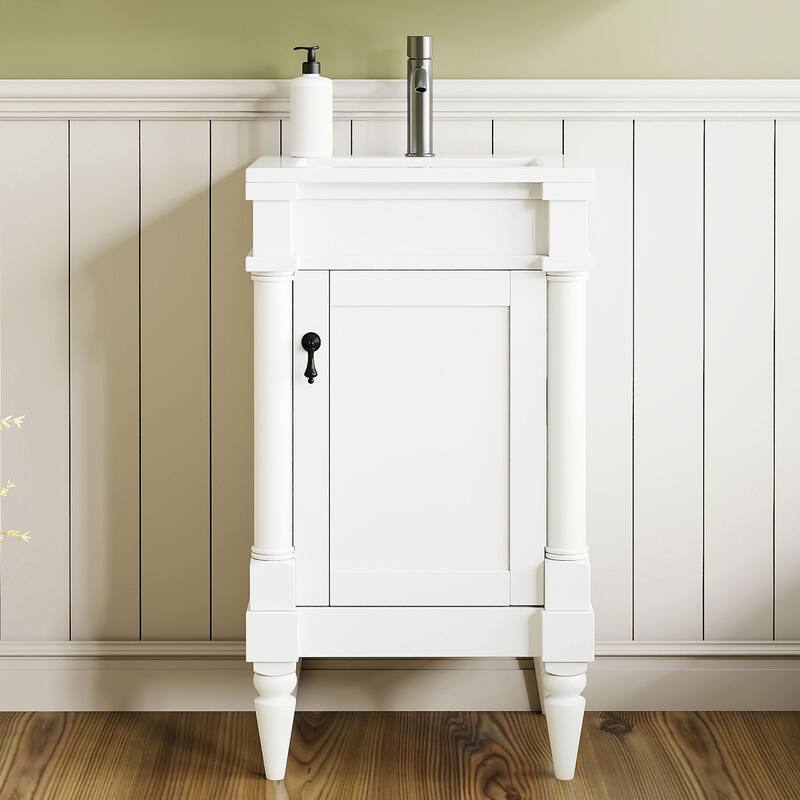 GDFStudio - Wexford Retro Freestanding Bathroom Vanity with Ceramic Sink, Solid Pine Wood Legs & Adjustable Shelf - 18'W - White