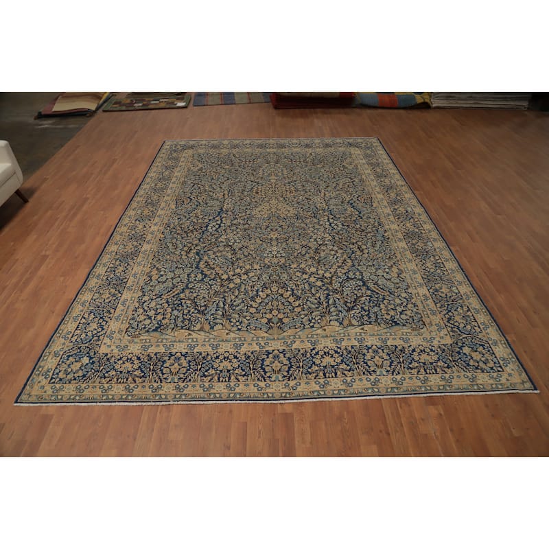 Hand Knotted Oriental 100% Wool Carpet Traditional All-Over Navy Blue & Blues Kerman Area Rug - 12' 10'' X 9' 9''