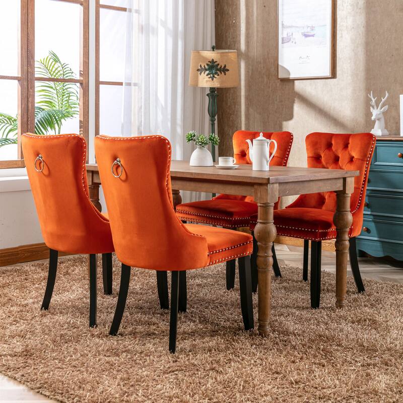 Set of 2 Velvet Upholstered Dining Chairs with Nailhead Trim and Wooden Legs