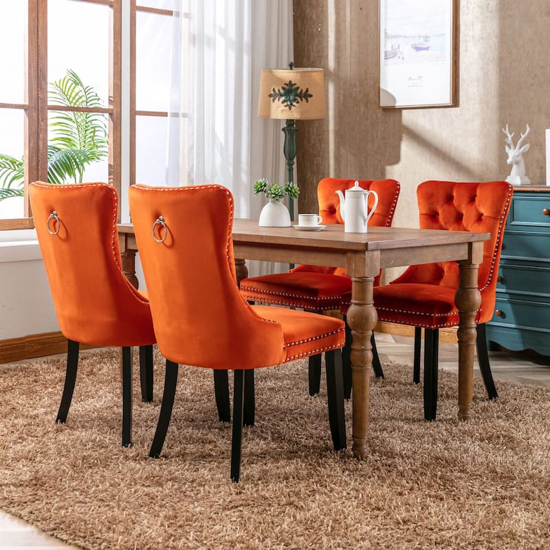 Solid Wood Kitchen Side Chairs, Orange Tufted Velvet Upholstered Dining Chair with Wood Legs, Nailhead Trim Dining Chairs 2-pcs