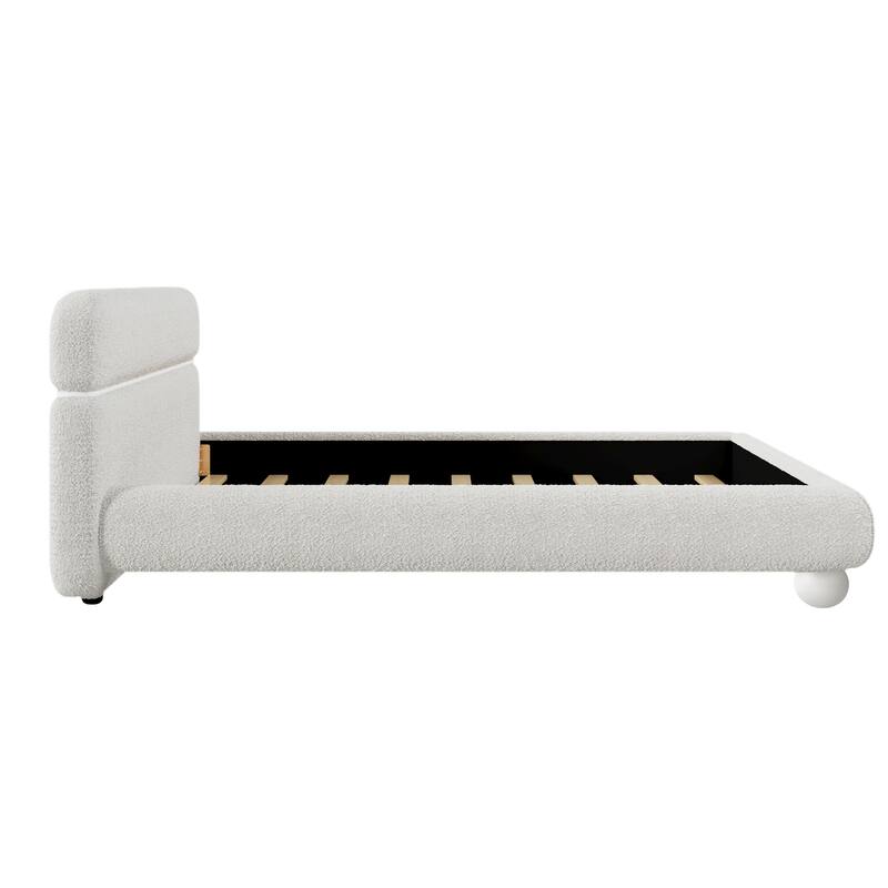 Contemporary Upholstered Bed with Teddy Fleece Boucle Fabric and Solid Round Legs Stylish Curve-Shaped Design,Queen Size