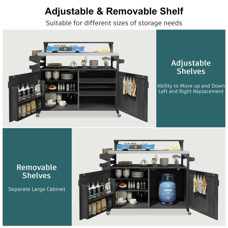 53.3" Outdoor Kitchen Island with Raised Shelf,Solid Wood Storage Cabinet with Stainless Steel Top(NO CHAIR) - N/A