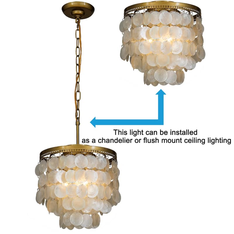 3-Light Indoor Capiz Shell Chandeliers 13" Coastal Decor Pendant Lighting-OB - 14 inches