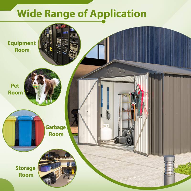 GDFStudio - Genevieve 10X8 FT Outdoor Metal Storage Shed with Lockable Doors for Garden and Backyard Organization - 10X8 FT