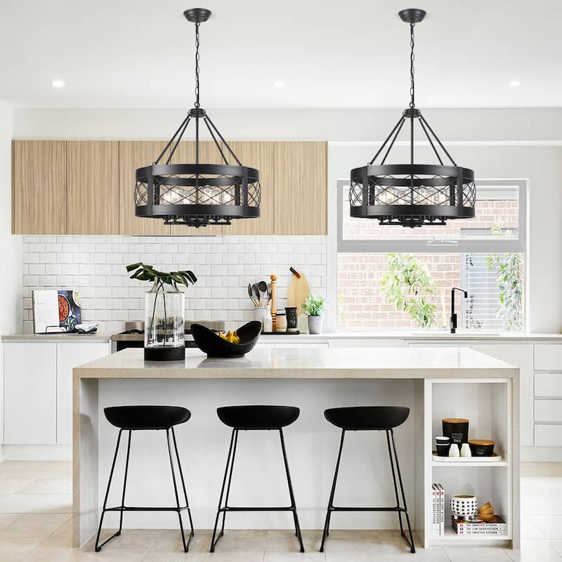 Drum Rustic Hanging Lights 6-Light Adjustable Farmhouse Chandelier Dining Room Light Fixture Kitchen Island Lighting - N/A