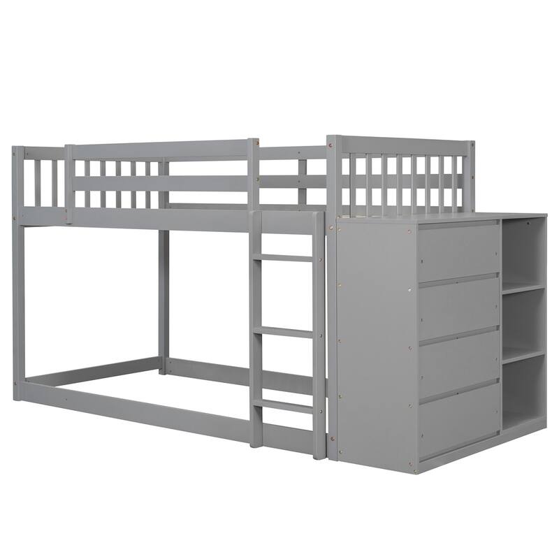Twin over Twin Bunk Bed with 4 Drawers and 3 Shelves