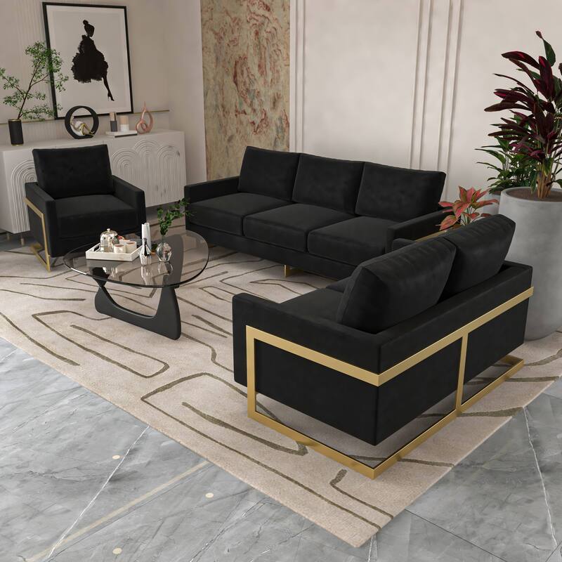 3-Piece Velvet Sofa Set with Gold Stainless Steel Base and Removable Cushions