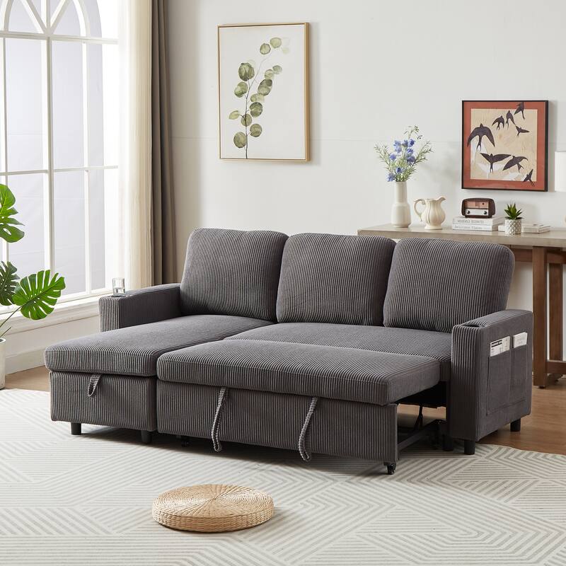 Modern Corduroy Reversible Sleeper Sofa Bed with Pullout Bed, L-Shaped Combo Sofa for Tight Spaces, Living Room, and Office