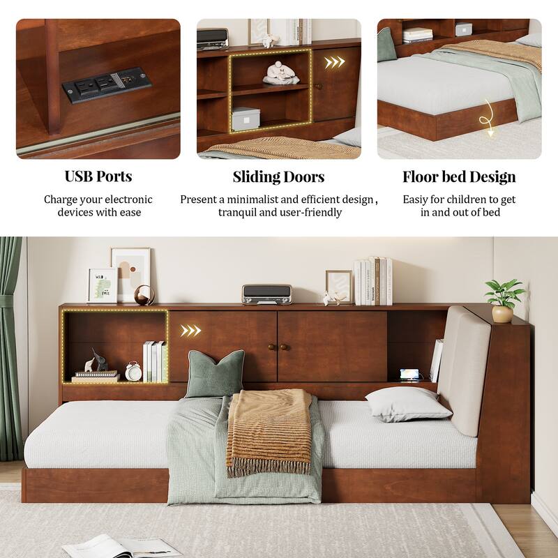 L-shaped Daybed Wooden Corner Sofa Bed Frame with Sliding Doors Bookcase Captains Bed, Upholstered Headboard Built-in Storage
