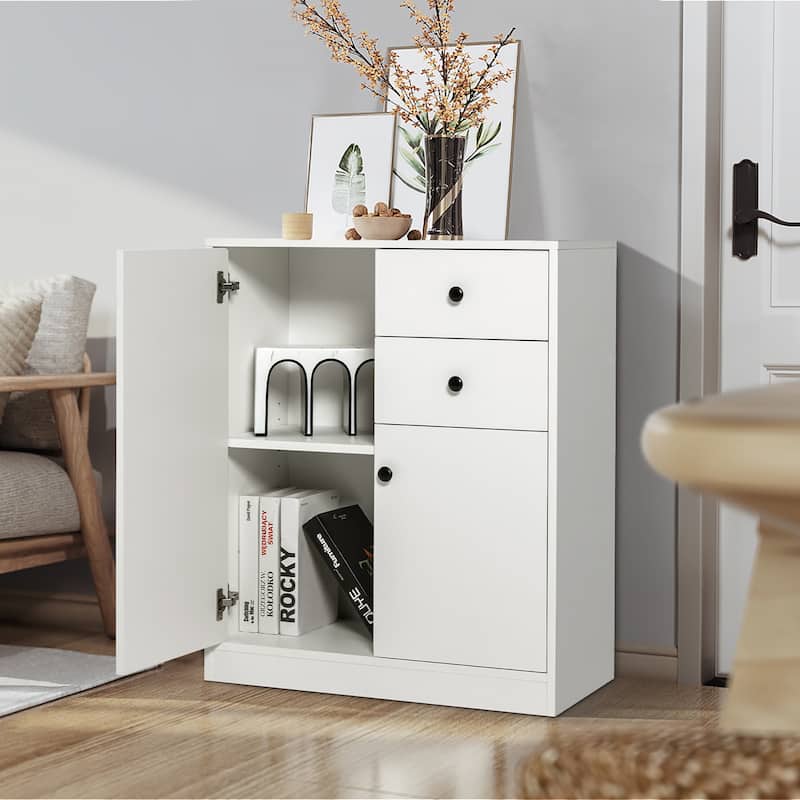 Kitchen Storage Cabinet 2 Drawer Floor Cupboard w/ Adjustable Shelves