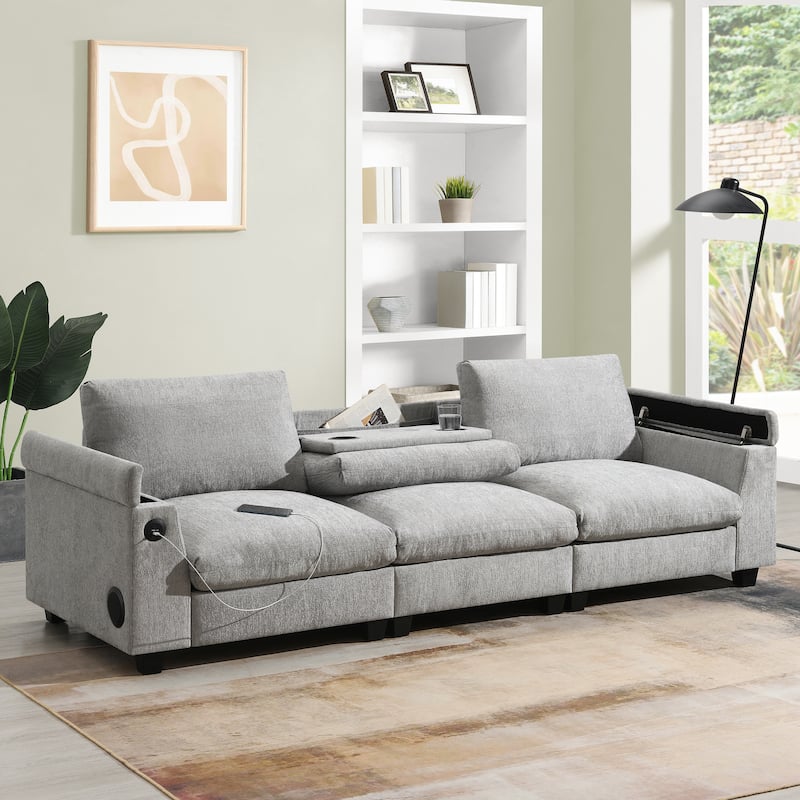 Chenille Modular Sectional Sofa,Cloud Couch Set with, USB, Bluetooth - Gray