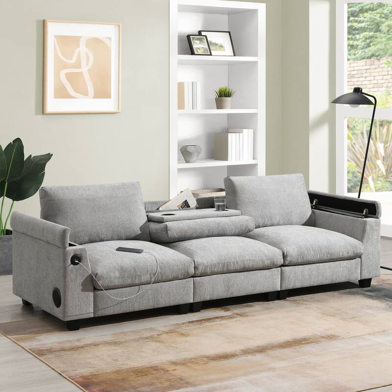 Modern Sofa Cloud Couch Set with Bluetooth Speakers and Drop Down Table and USB Ports for Living Room or Guest Room - Gray
