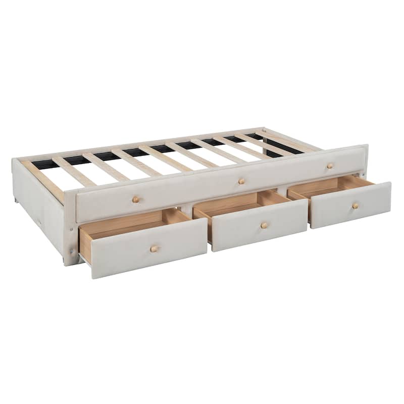 HomeRoots Beige Tufted Velvet Upholstered Twin Day Bed With Trundle And Drawers