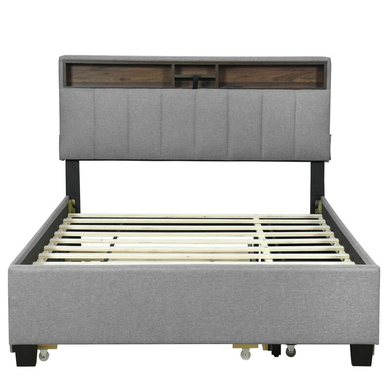 Full Size Upholstered Storage Bed with USB Ports, Twin Trundle & Drawers, Gray Linen Fabric