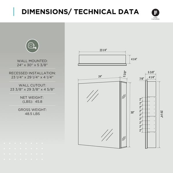 dimension image slide 12 of 15, Bathroom Medicine Cabinet, Aluminum, Recessed/Surface Mount, Right/Left Hinged, Mirrored Interior