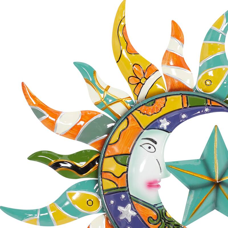 Multi Color Metal Eclectic Whimsical Celestial Sun Art Wall Sculpture