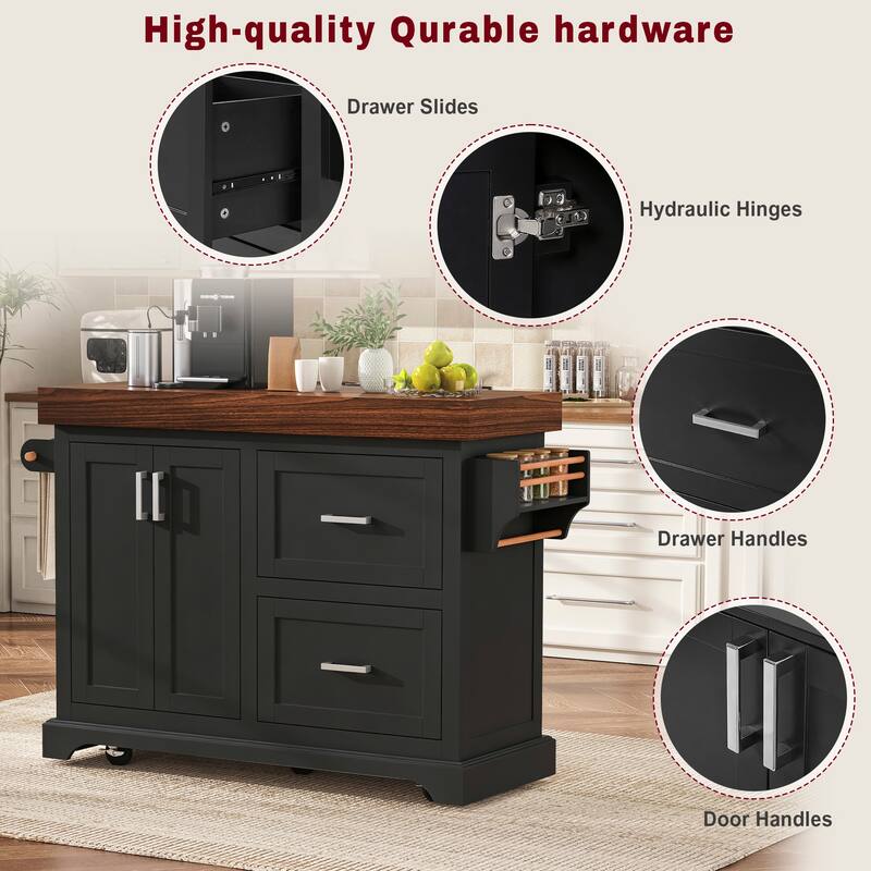 53 Inch Kitchen Island Cart with Thick Desktop Drawers Spice and Towel Racks