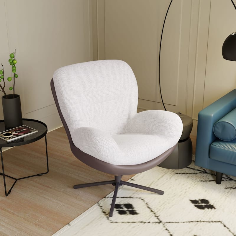Brown+White Modern 32.25" Chenille 360° Swivel Lounge Chair with Faux Leather Metal Base Frame