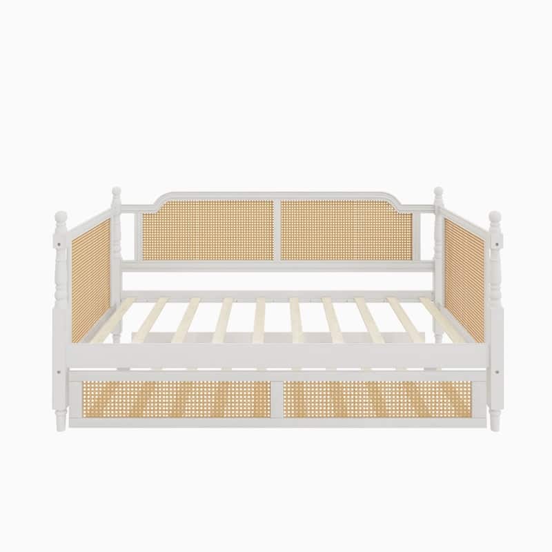 Vintage Rattan Wooden Daybed with Trundle