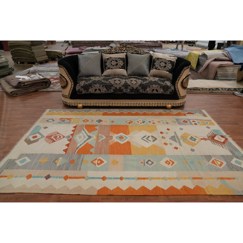 Hand Woven Oriental 100% Wool Carpet Southwestern Tribal Multi-Colored Kilim Area Rug - 9' 9'' X 6' 4''