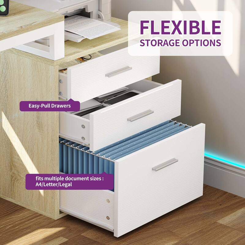 Moasis 65-inch L Shaped Computer Office Desk with Cabinet Drawers Gaming Desk w/Power Outlets & LED Lights