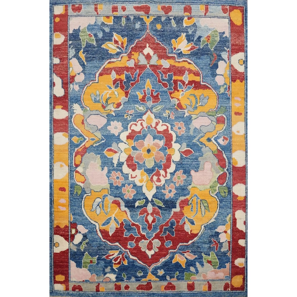Hand Knotted Oriental 100% Wool Carpet Transitional Floral Navy Blue & Blues Oushak Area Rug - 6' 6'' X 4' 11''