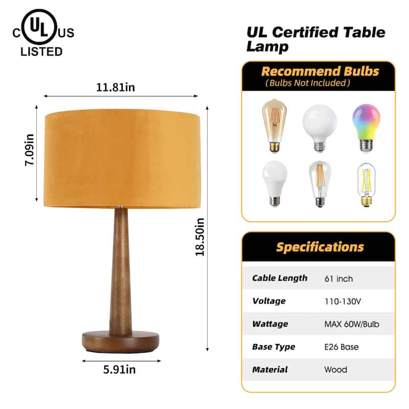 18.5" Modern Table Lamp with Walnut Wood Base, Dimmable Bedside Lamp, UL Listed