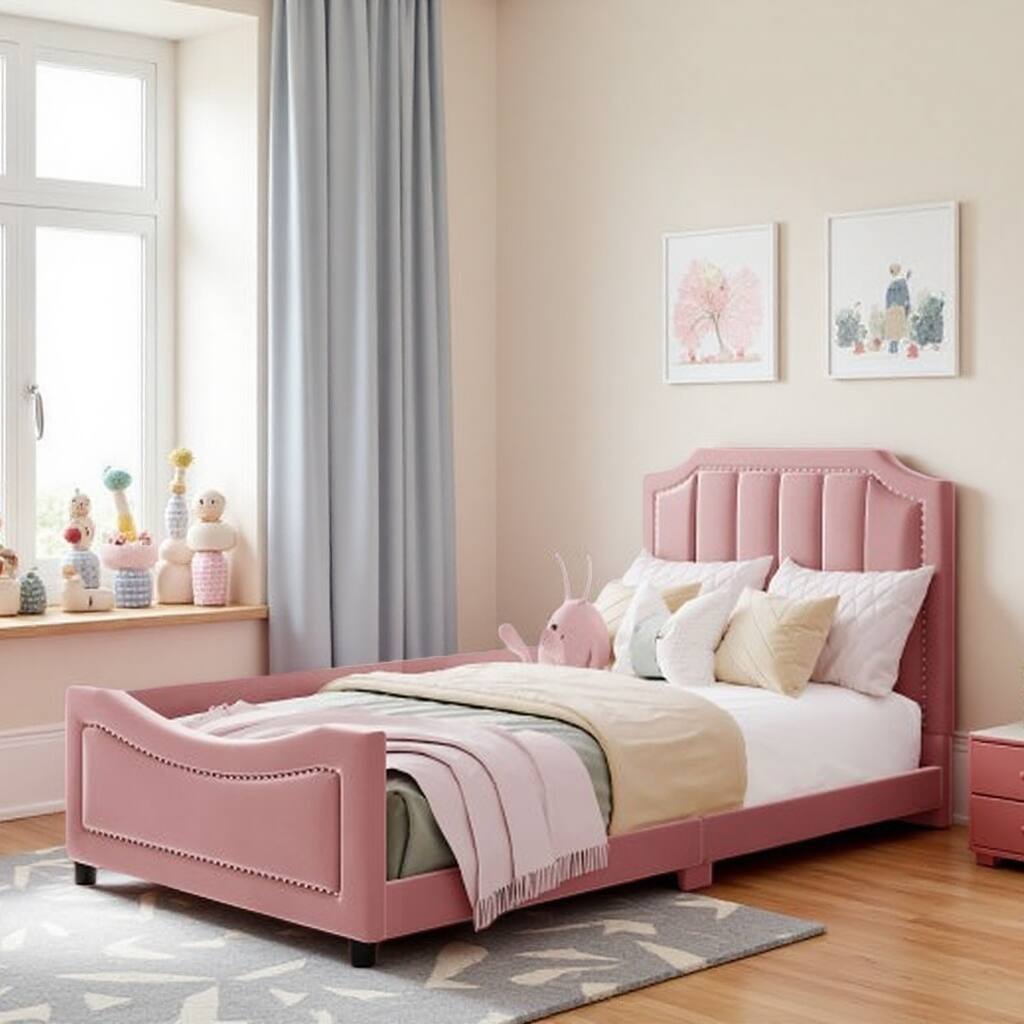 Twin Upholstered Daybed with Scalloped Velvet Headboard, Sturdy Wood Frame, No Box Spring Needed