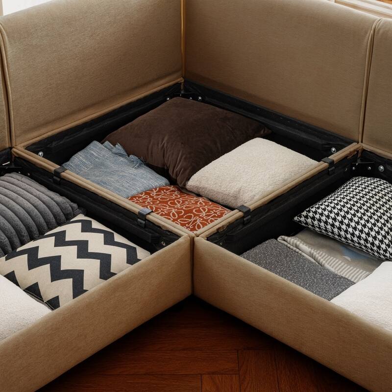 Contemporary L-shaped Chenille Sectional Sofa with Storage Seats and Ottoman