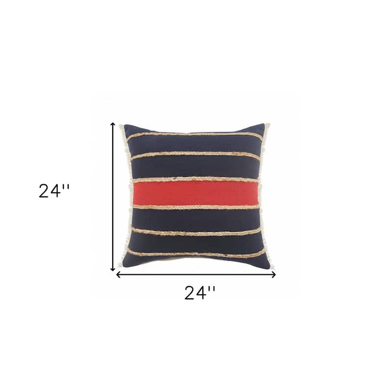 24" X 24" Navy Red And Tan 100% Cotton Striped Zippered Pillow