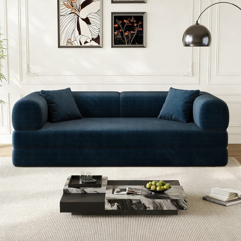 78.8" Convertible Floor Sofa Bed, Corduroy Folding Mattress Sofa Couch for Small Spaces ,No Assembly - Blue