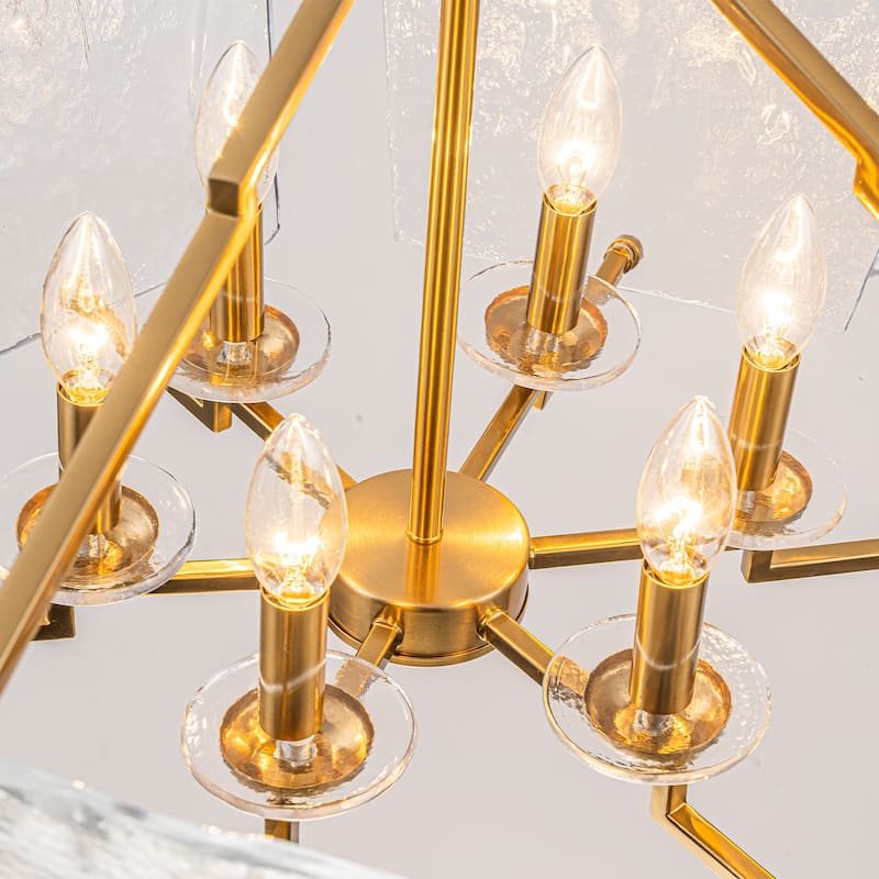 6-Light Gold Geometric Chandelier with Textured Clear Glass Panels - Dia.26.77-in