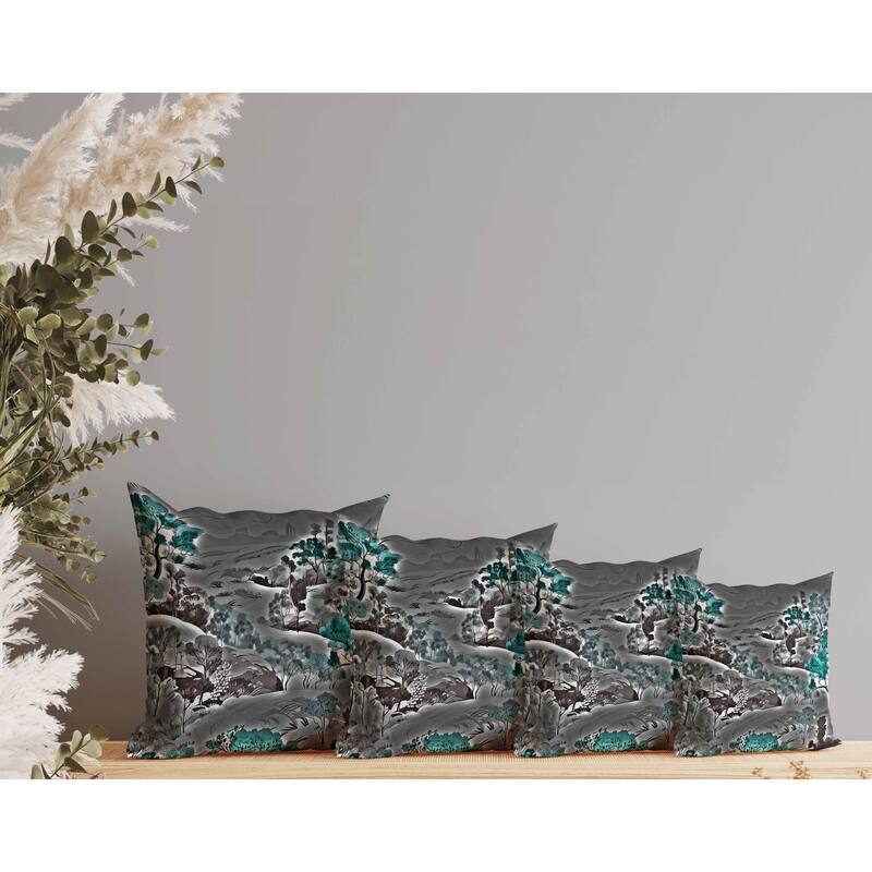 Leaf Magic Stories Indoor/Outdoor Reversible Throw Pillow Grey and Turquoise