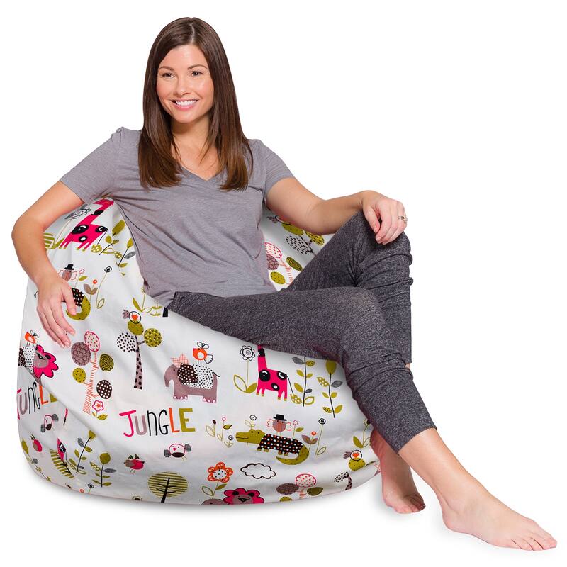 Kids Bean Bag Chair, Big Comfy Chair - Machine Washable Cover - 48 Inches Extra Large - Canvas Jungle Animals on White