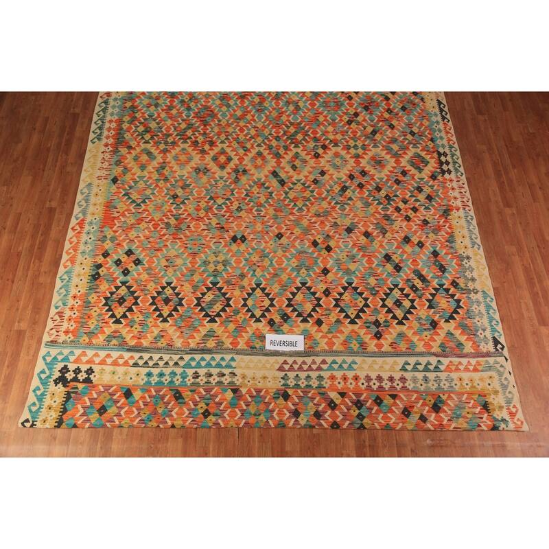 Reversible Kilim Oriental Rug Flatweave Orange Wool Carpet - 10'1"x 12'9"