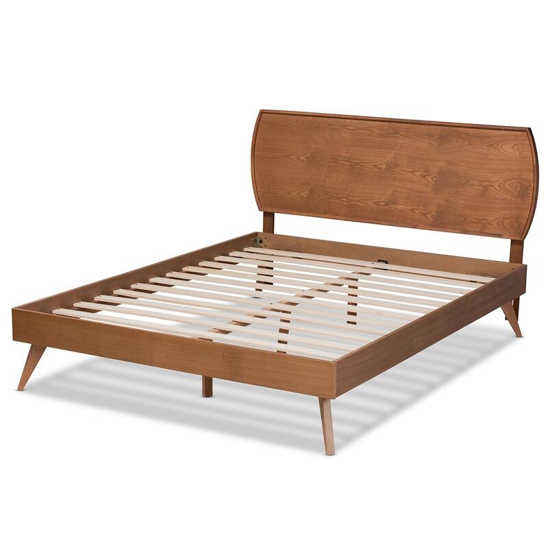 Mid-Century Modern Walnut Brown Wood King Platform Bed with Curved Headboard for Stylish Bedrooms