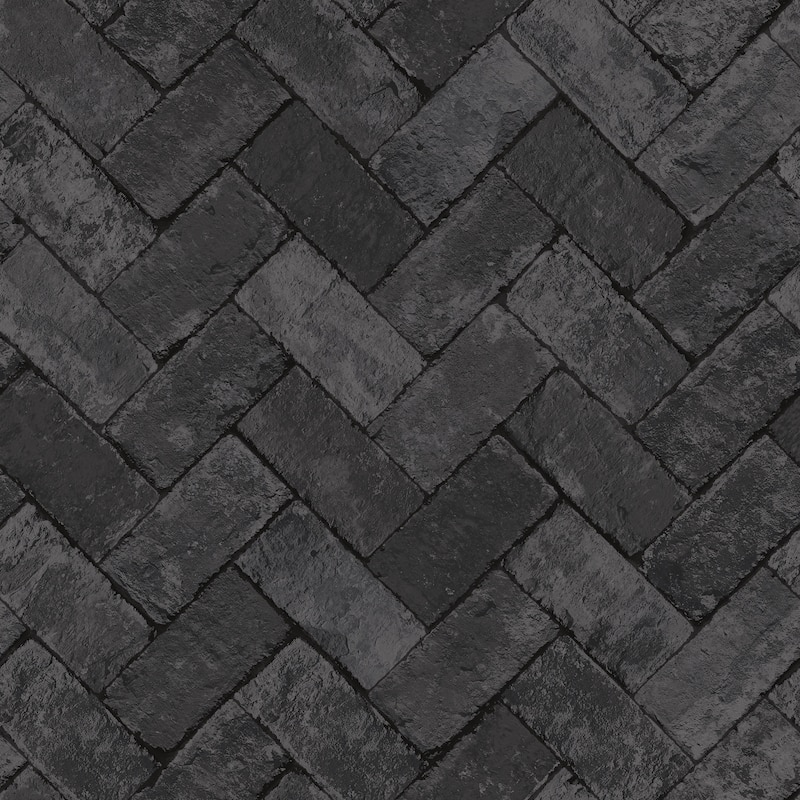 Galerie Wallcoverings Just Kitchens Herringbone Brick Design Vinyl on Non-woven Matte Wallpaper Roll - 33 feet x 21 inches - Black
