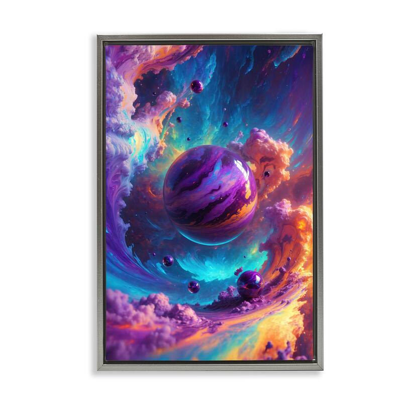 Stupell Surreal Planets with Chromatic Clouds Framed Floater Canvas Wall Art Design By Wumples - 17 x 25 - Grey