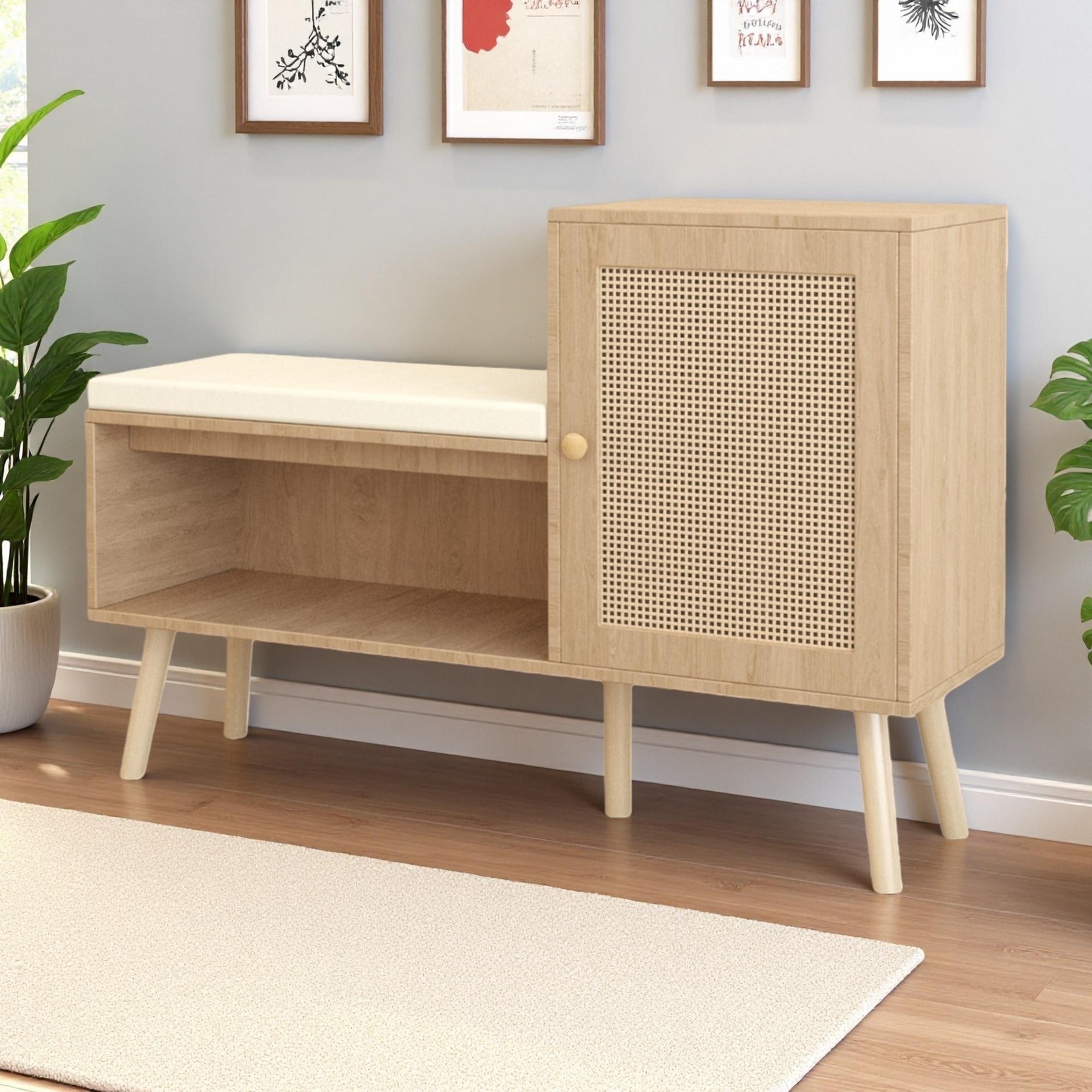 39"L 2-in-1 Shoe Storage Bench, Natural Rattan Shoe Cabinet with 2 Adjustable Shelves, Removable Seat Cushion, Bench for Hallway