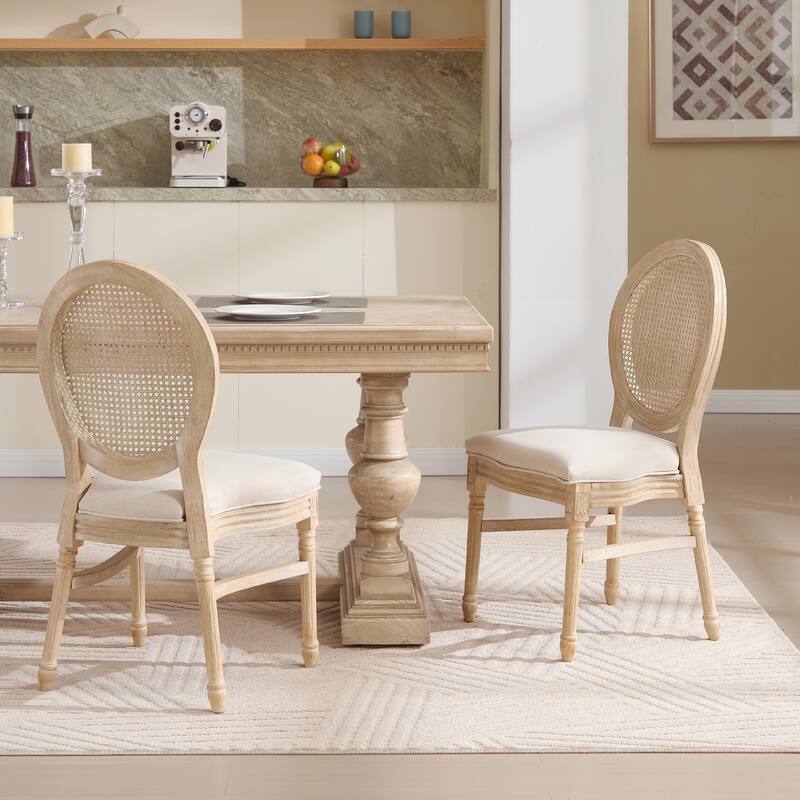 Set of 2 French Country Dining Chairs, Upholstered with Natural Rattan Round Back