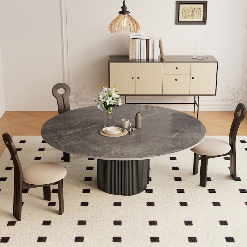 59" Modern Round Dining Table for 6-8, Glossy White Sintered stone Table top, Steel Grille column base