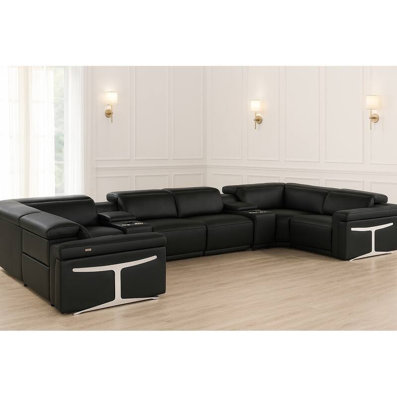 HomeRoots Black Italian Leather Power Reclining U Shaped Eight Piece Sectional With Console - Symmetrical - Black