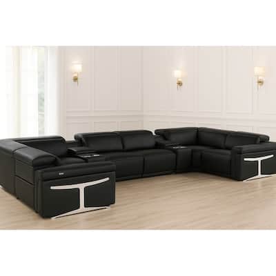 HomeRoots Black Italian Leather Power Reclining U Shaped Eight Piece Sectional With Console
