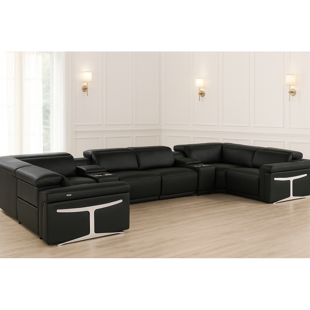 HomeRoots Black Italian Leather Power Reclining U Shaped Eight Piece Sectional With Console