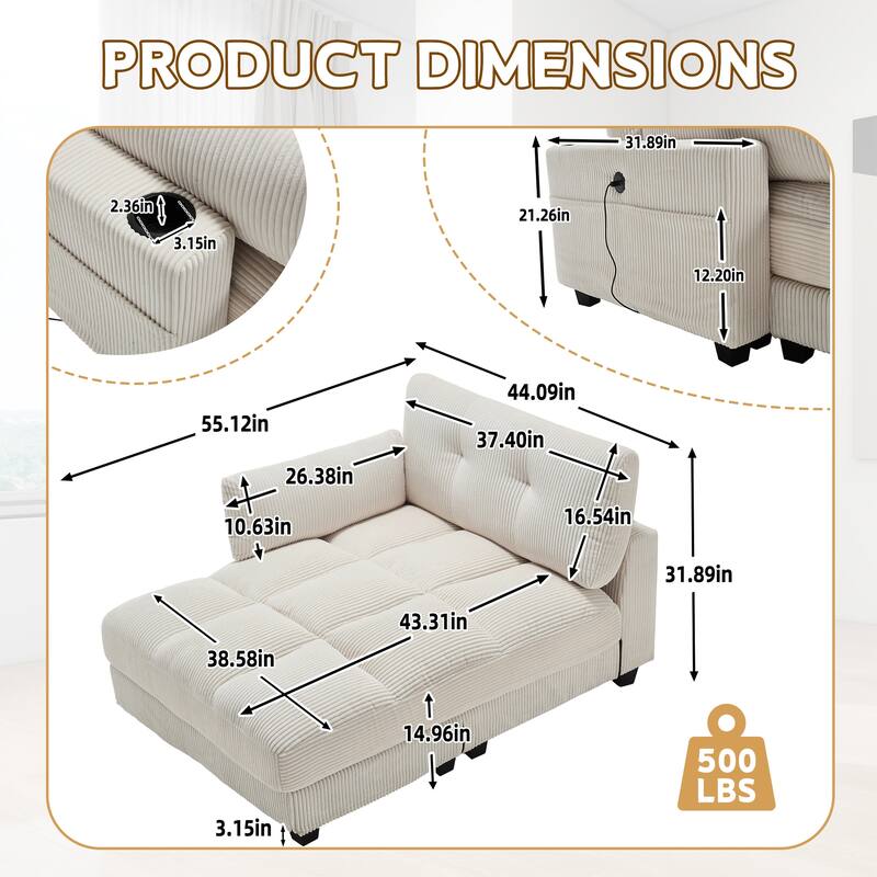 Oversized Corduroy Upholstered Single Chaise Lounge Sofa Couch Switchable Armrest with Cup Holders, USB Ports and Pockets